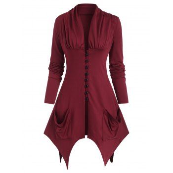 

Plunging Button Up Slit Pocket Handkerchief T Shirt, Deep red