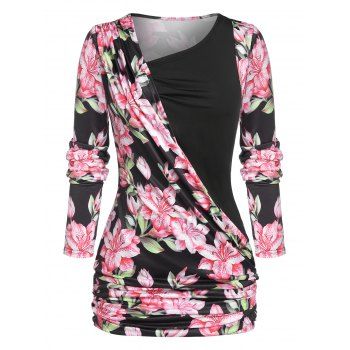 

Plus Size Skew Neck Floral Print Ruched T Shirt, Black