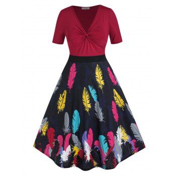 

Plus Size Twisted Feather Print A Line Dress, Multicolor