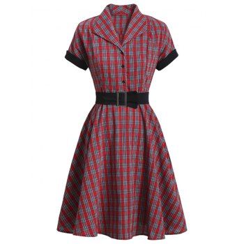 

Plaid Mock Button Belted Rolled Sleeve Dress, Red