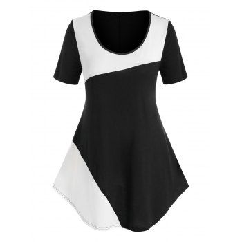 

Plus Size Contrast Bicolor Curved Hem Tunic Tee, Black