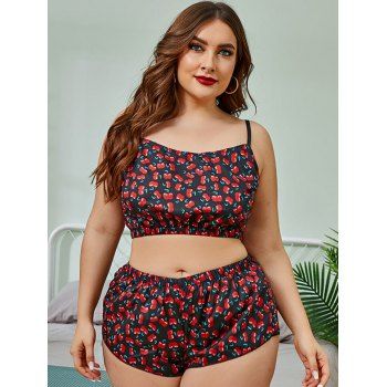 

Plus Size Cherry Print Short Pajama Set, Black