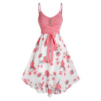 

Front Cross Floral Printed Spaghetti Strap Dress, Pink rose