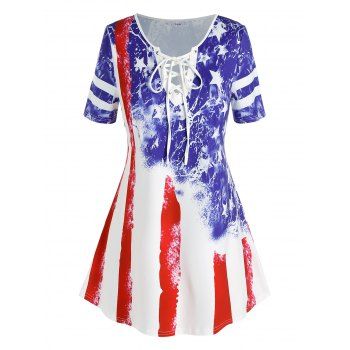 

Plus Size American Flag Striped Lace-up Tunic T-shirt, Multicolor
