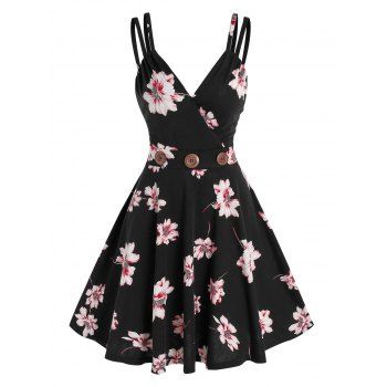 

Mock Button Strappy Floral Print Surplice Mini Cami Dress, Black