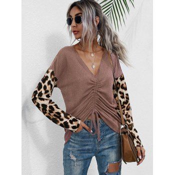 

Leopard Sleeve V Neck Cinched Front Knitwear, Light pink