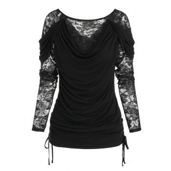 

Flower Lace Insert Draped Cinched Faux Twinset T-shirt, Black