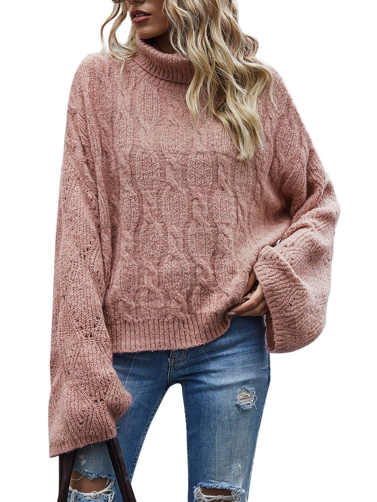 Turtleneck Cable Knit Pointelle Knit Sweater - LIGHT PINK L