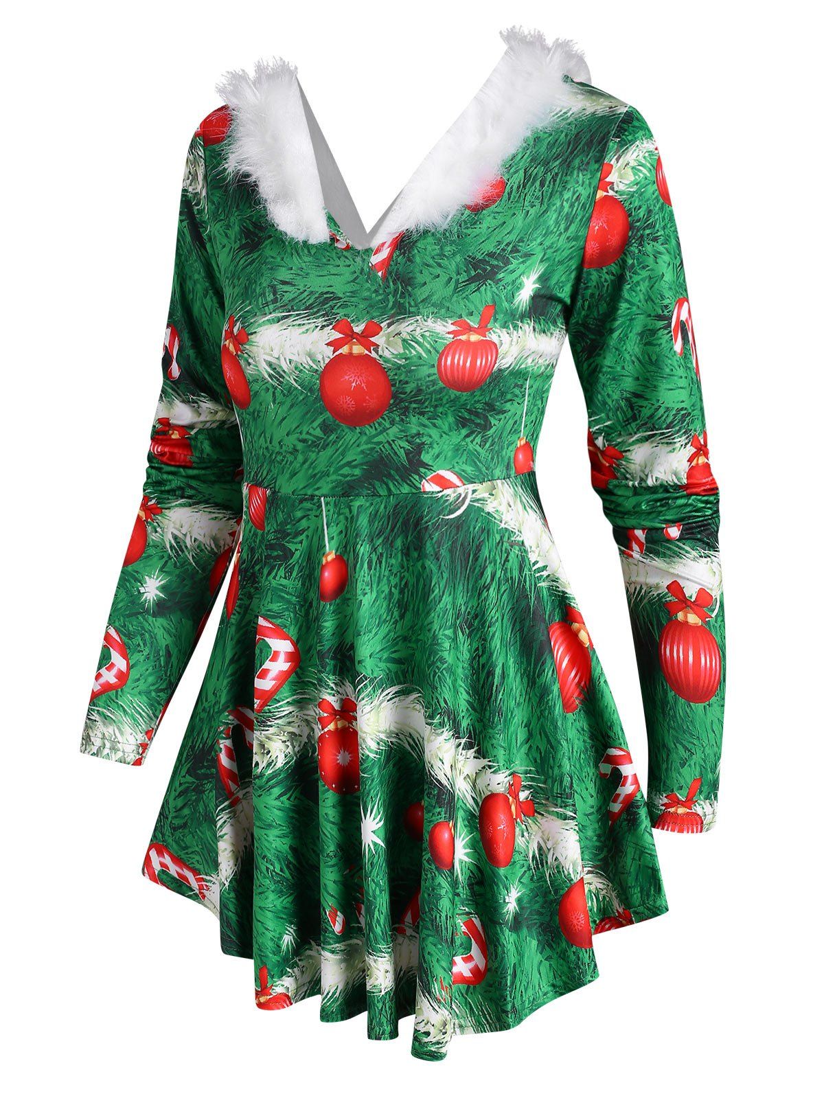 Christmas Tree Ball Print Faux Fur Insert T Shirt - GREEN XXL