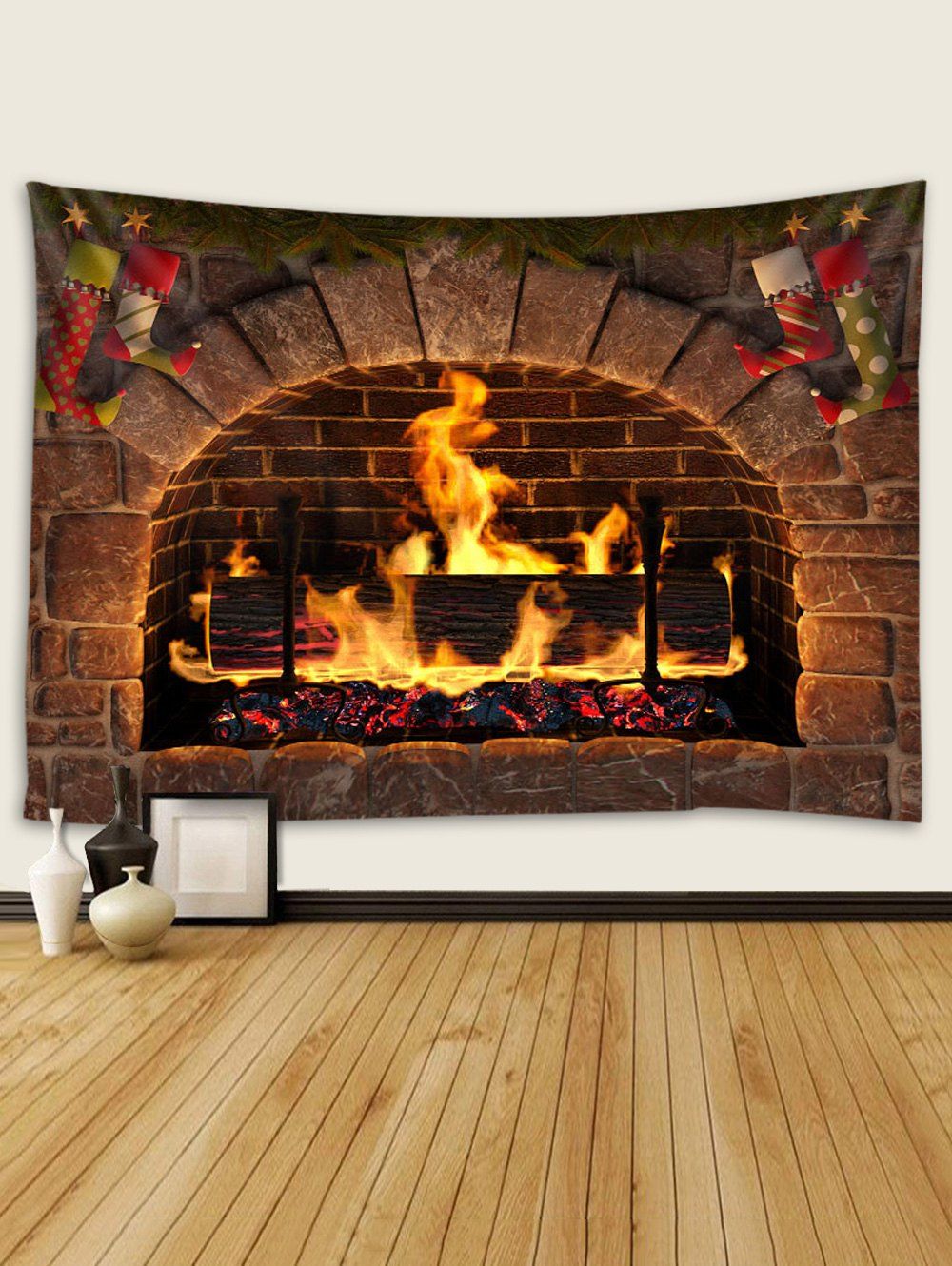 [33 OFF] 2020 Christmas Fireplace Stockings Print Tapestry Wall