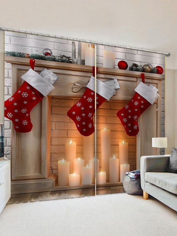 Rideaux de Fenêtre de Noël à Imprimé 3D Bougie et Chaussette 2 Pièces - multicolor W28 X L39 INCH X 2PCS