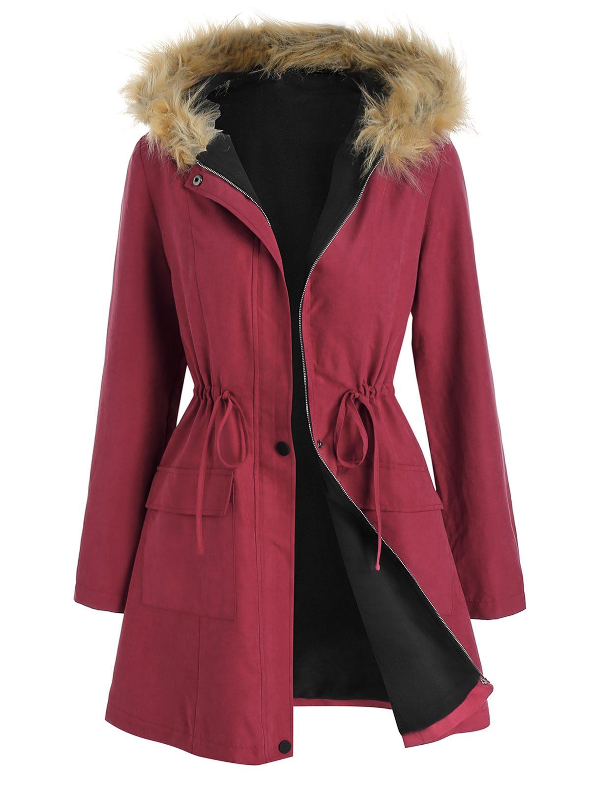 Manteau Panneau en Fausse Fourrure Taille à Cordon - Rouge Vineux XL