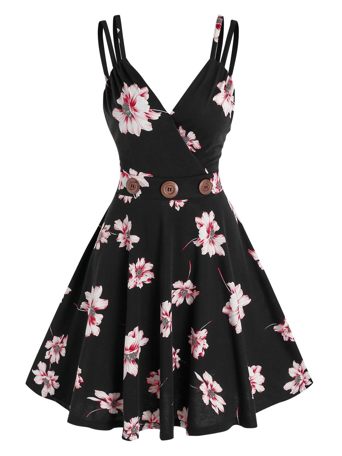 Mock Button Strappy Floral Print Surplice Mini Cami Dress - BLACK XL