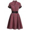 Plaid Mock Button Belted Rolled Sleeve Dress - RED S