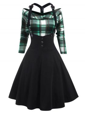 Vintage Plaid Y Line Back Mock Button Suspender Skirt Set
