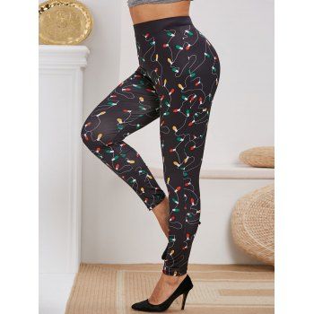 

Plus Size String Lights Print Christmas Leggings, Black