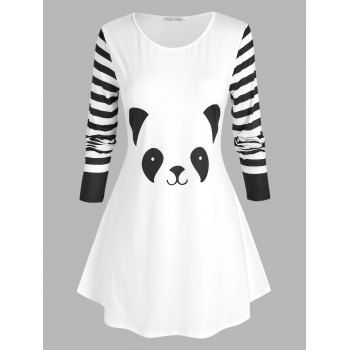 

Plus Size Panda Printed Striped Tunic T Shirt, White
