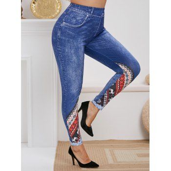 

Plus Size Christmas Print Skinny Jeggings, Blue