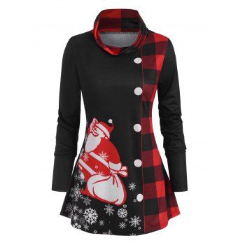 

Christmas Santa Claus Snowflake Plaid 3D Button Print T Shirt, Black