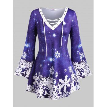 

Galaxy Snowflake Lace Up Christmas Plus Size Top, Blue