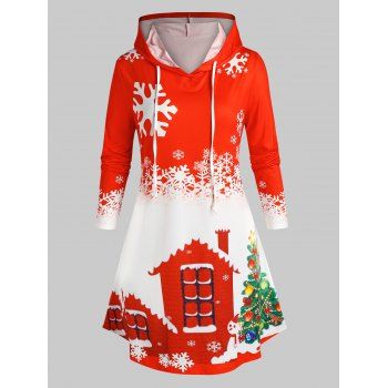 

Plus Size Christmas Snowflake Tree Long Sleeve Hoodie Dress, Red