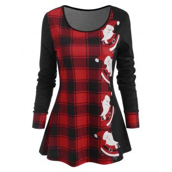 

Christmas Santa Claus Plaid Long Sleeve T Shirt, Black