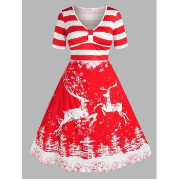 

Plus Size Christmas Striped Elk Snowflake A Line Dress, Red