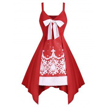 

Bowknot Faux Fur Insert Baroque Print Handkerchief Dress, Red