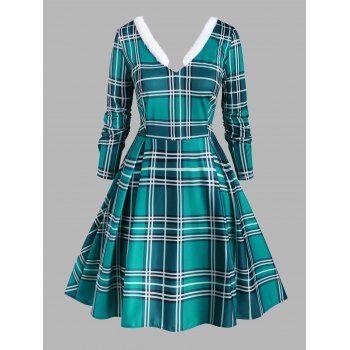 

Plus Size Faux Fur Panel Plaid High Low Dress, Green