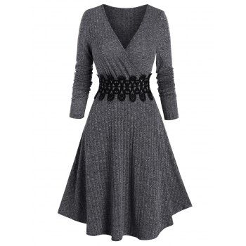 

Waist Applique Ribbed V Neck Wrap Dress, Dark slate grey