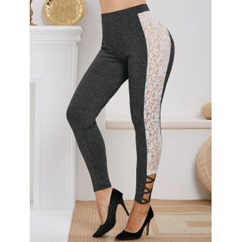 

Lace Panel Lattice Side Heathered Plus Size Leggings, Gray