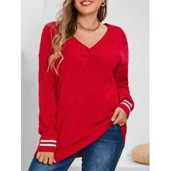 

Plus Size V Neck Striped Cuffs Diamond Design Sweater, Red