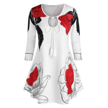 

Plus Size Flower Printed Keyhole Tie Long Sleeve Tee, White
