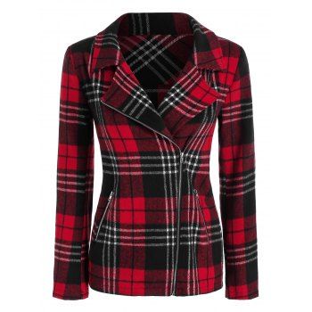 

Plaid Pattern Zip Up Wool Blend Jacket, Red