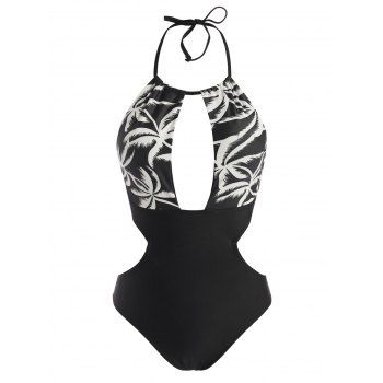

Halter Palm Tree Cut Out One-piece Swimsuit, Black