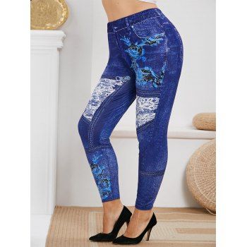 

Plus Size High Rise 3D Denim Print Skinny Jeggings, Blue
