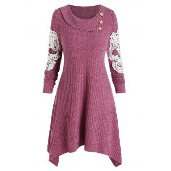 

A Line Knee Length Dress Applique Embroidered Skull Mock Buttons Hankerchief Hem Knitted Dress, Lipstick pink