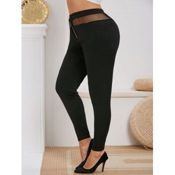 

Plus Size Zip Fly Fishnet Panel Skinny Leggings, Black