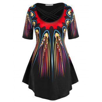 

Plus Size Criss Cross Abstract Print Short Sleeve Tee, Multicolor