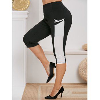 

Plus Size Pocket Two Tone Capri Pants, Black