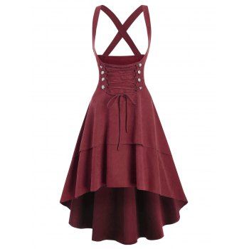 

Mock Double Button Layered High Low Suspender Skirt, Red wine
