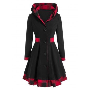 

Plaid Hooded Skirted Coat, Black