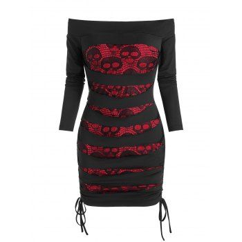 

Skull Lace Insert Ripped Cinched Bodycon Dress, Black