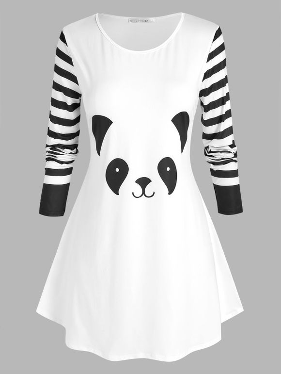 T-shirt Tunique Rayé à Imprimé Panda de Grande Taille - Blanc L
