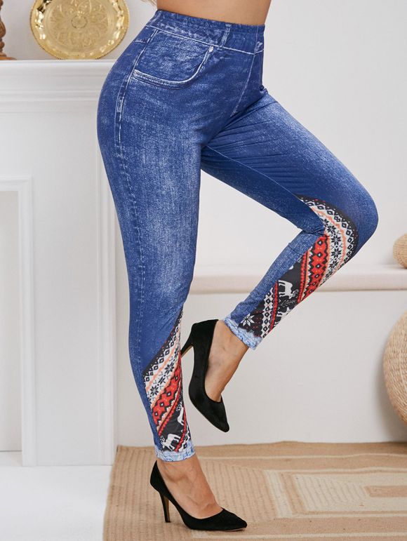 Legging de Noël Moulant Imprimé de Grande Taille - Bleu 5X