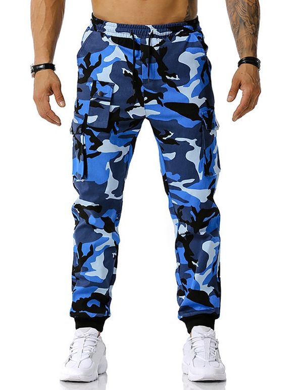 Pantalon Cargo à Imprimé Camouflage à Cordon - Bleu XXL
