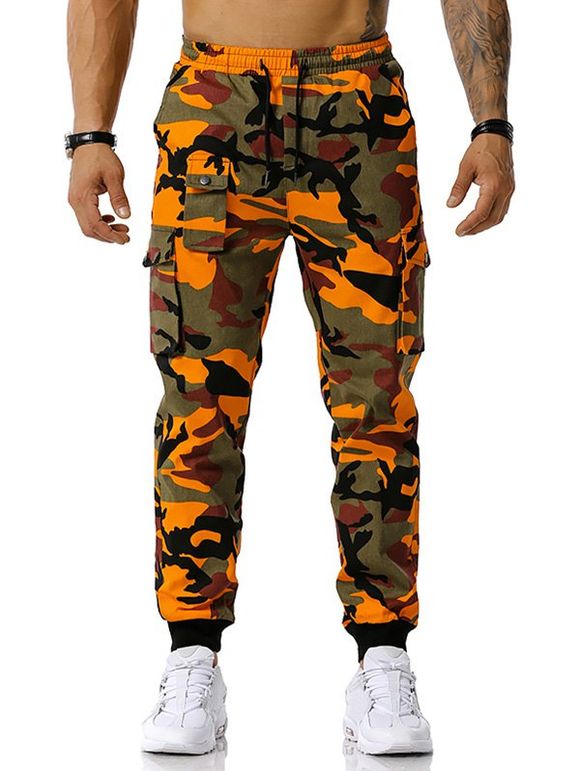 Pantalon Cargo à Imprimé Camouflage à Cordon - Orange XXXL