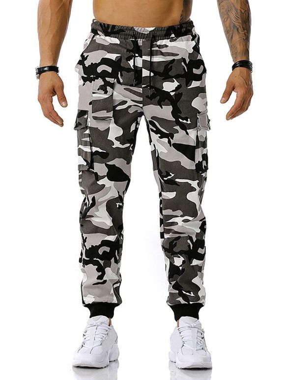Pantalon Cargo à Imprimé Camouflage à Cordon - Gris XXXL