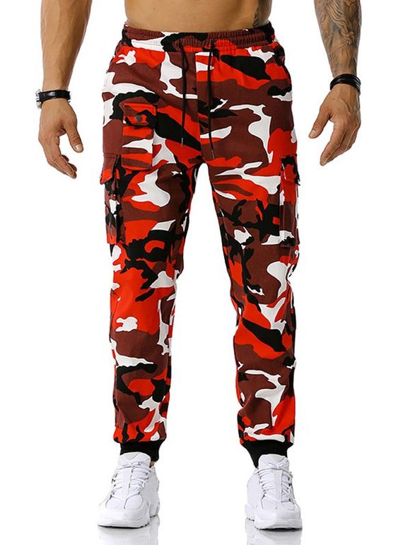 Pantalon Cargo à Imprimé Camouflage à Cordon - Rouge XXL