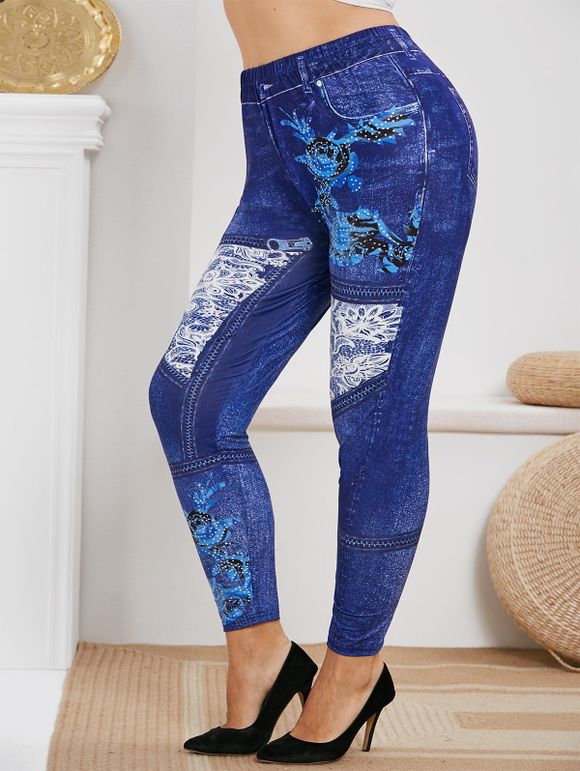 Legging Moulant à Imprimé 3D Jean à Taille Haute de Grande Taille - Bleu 5X